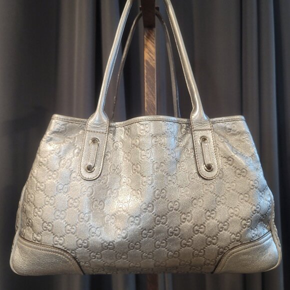 (Authentic/Good)Gucci Princy Leather Embossed Guccissima Handbag Metallic Silver - Picture 1 of 17
